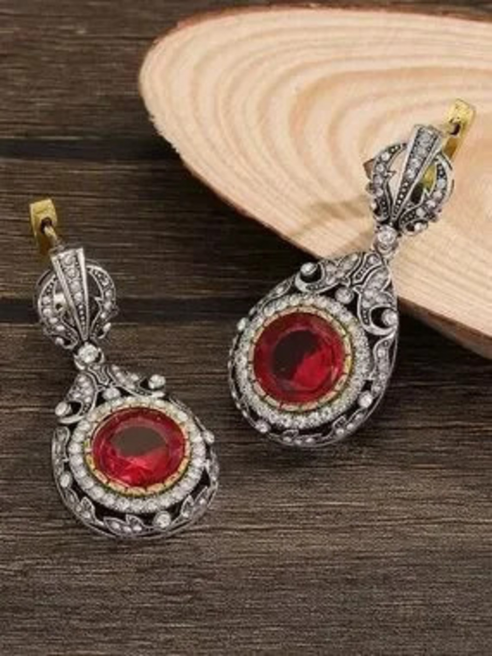 Anthropologie Red and Silver Filigree Teardrop Earrings